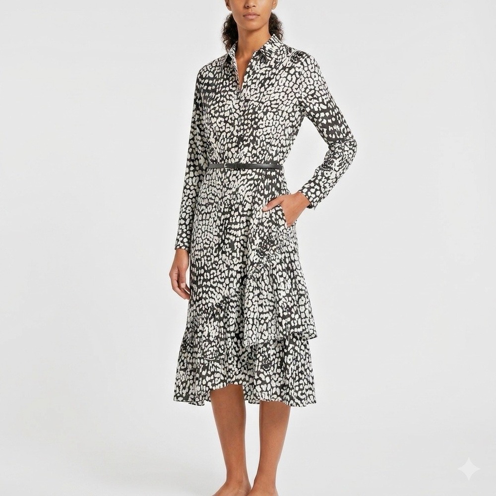 Max Mara Lipari Ruffle Midi Dress Womens Sz 16 Navy White Leopard Print Belt NEW